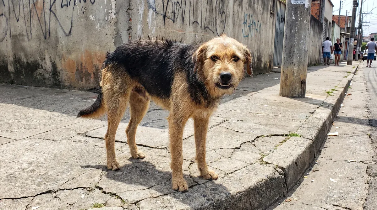 cachorro de pelo preto e caramelo parado na calçada, mostrando os dentes, com os pelos das costas eriçados