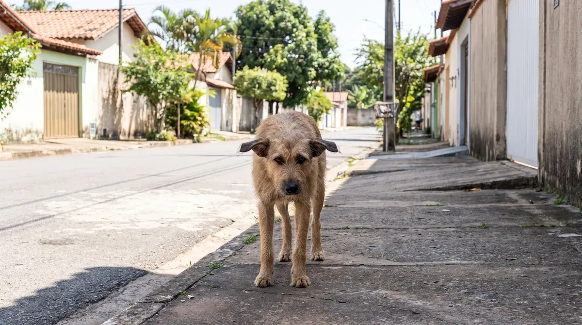 cachorro de pelo caramelo e arrepiado parado na calçada de uma rua de casas, de cabeça baixa e olhar fixo em quem está vendo