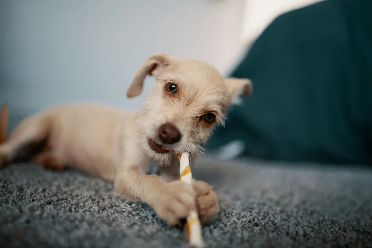 filhote de pelo bege deitado num tapete cinza, segurando com as patas um petisco em forma de palito e mordendo a ponta