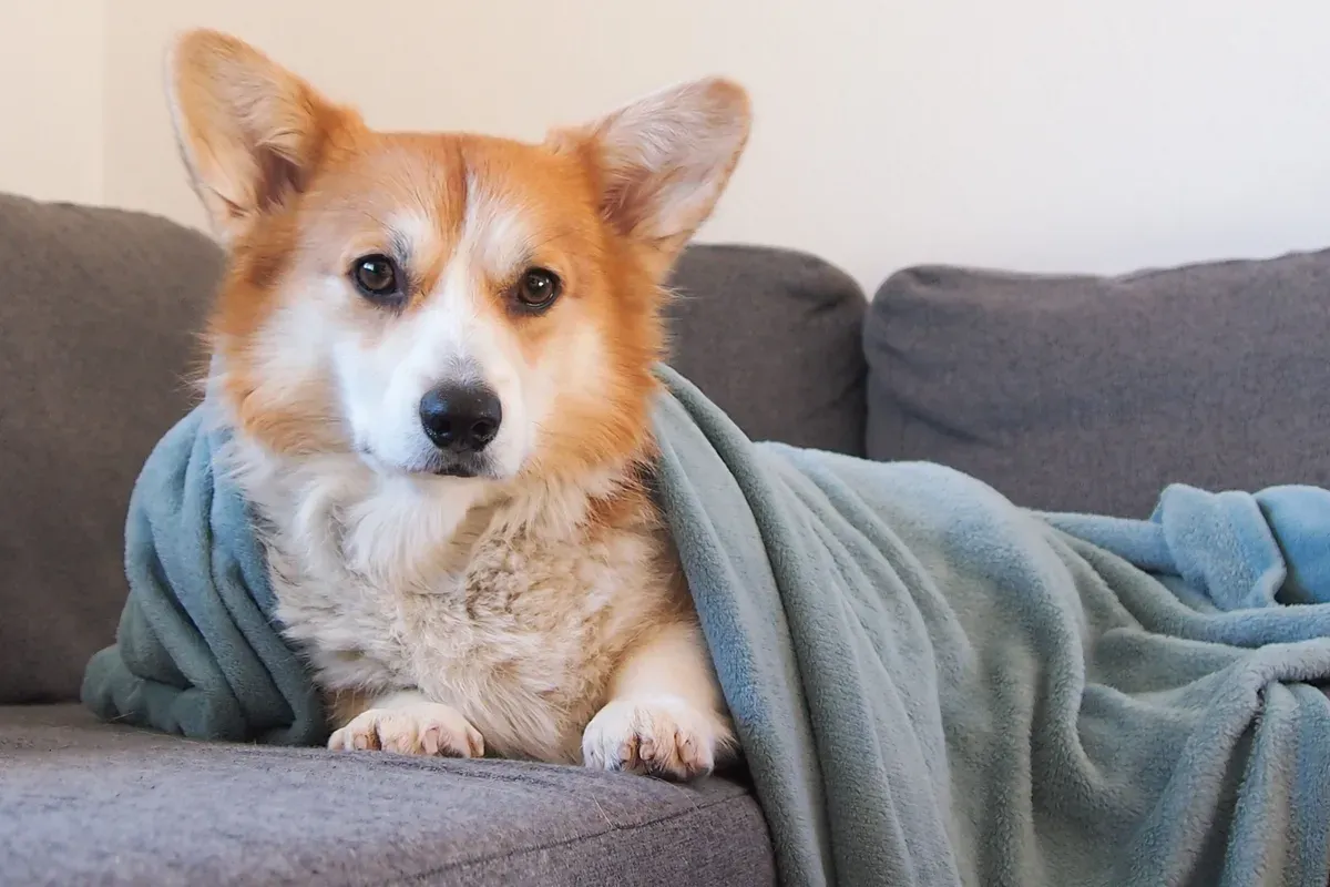 cachorro corgi de pelo caramelo e branco deitado num sofá cinza, enrolado numa manta azul, olhando para a câmera