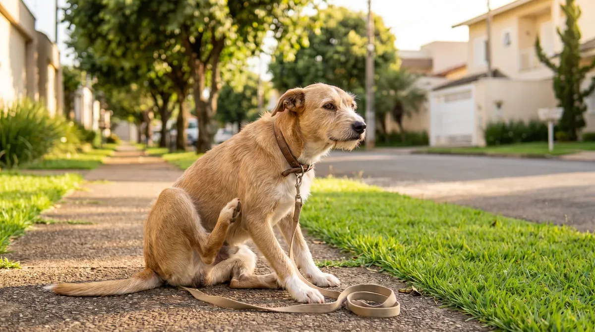Cachorro caramelo de coleira sentado numa calçada de bairro ao lado do gramado, com a pata de trás levantada coçando o pescoço, e a guia solta no chão