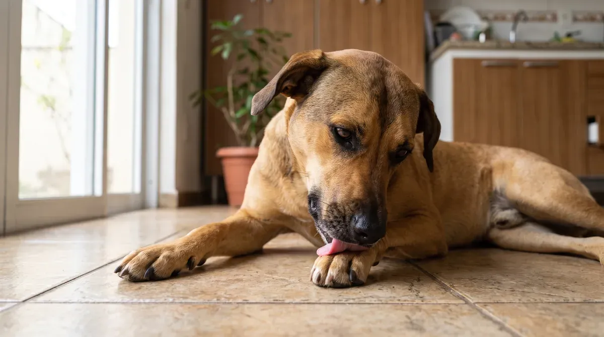 cachorro caramelo adulto deitado no piso da cozinha, com a língua encostada entre os dedos da pata dianteira