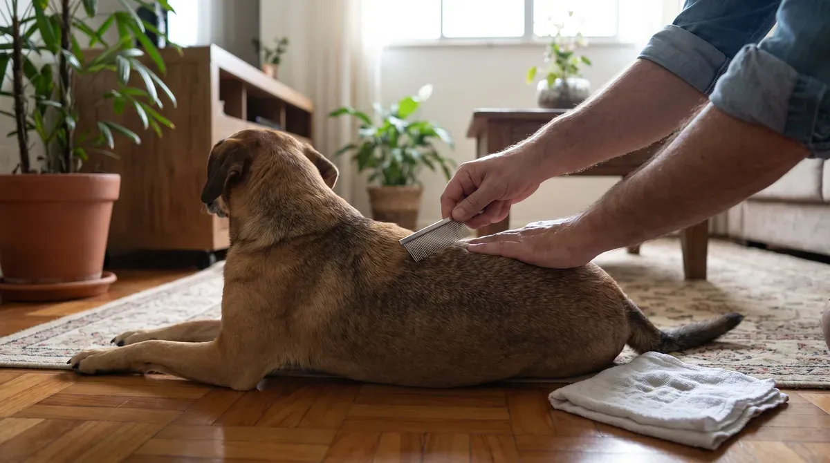 Mãos de uma pessoa passando um pente fino de metal na lombar de um cachorro caramelo deitado no chão de madeira da sala, com um pano branco dobrado ao lado