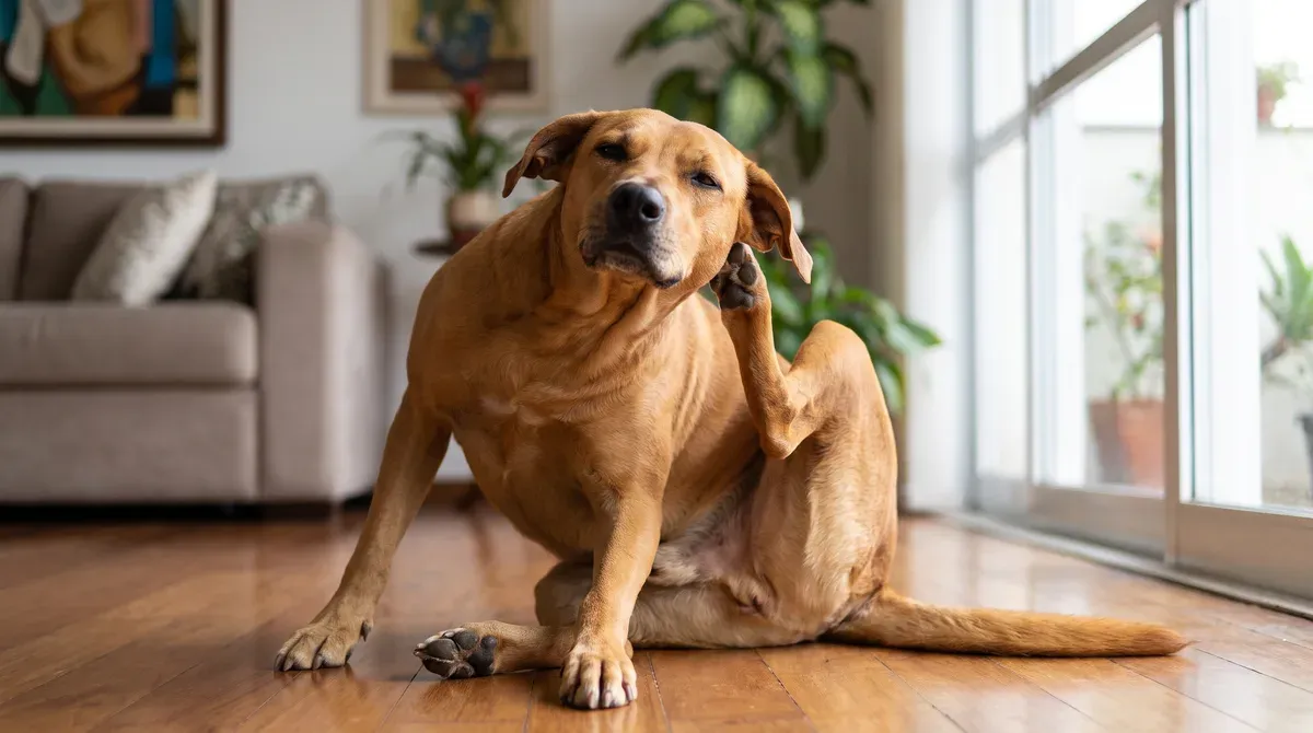 cachorro caramelo sentado no piso da sala, de olhos semicerrados, coçando atrás da orelha com a pata de trás