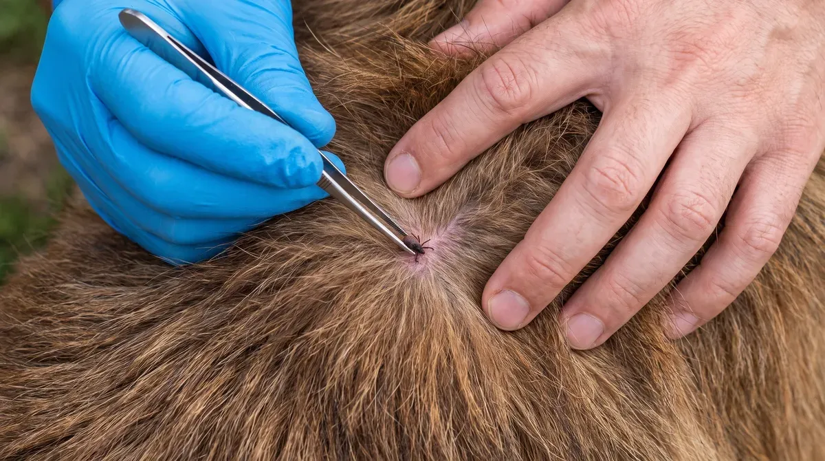 mão de luva azul segurando uma pinça rente à pele de um cachorro para tirar um carrapato, enquanto a outra mão afasta o pelo