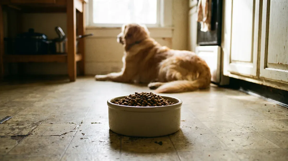 pote de ração cheio no chão da cozinha e, ao fundo, o cachorro deitado de costas para o pote