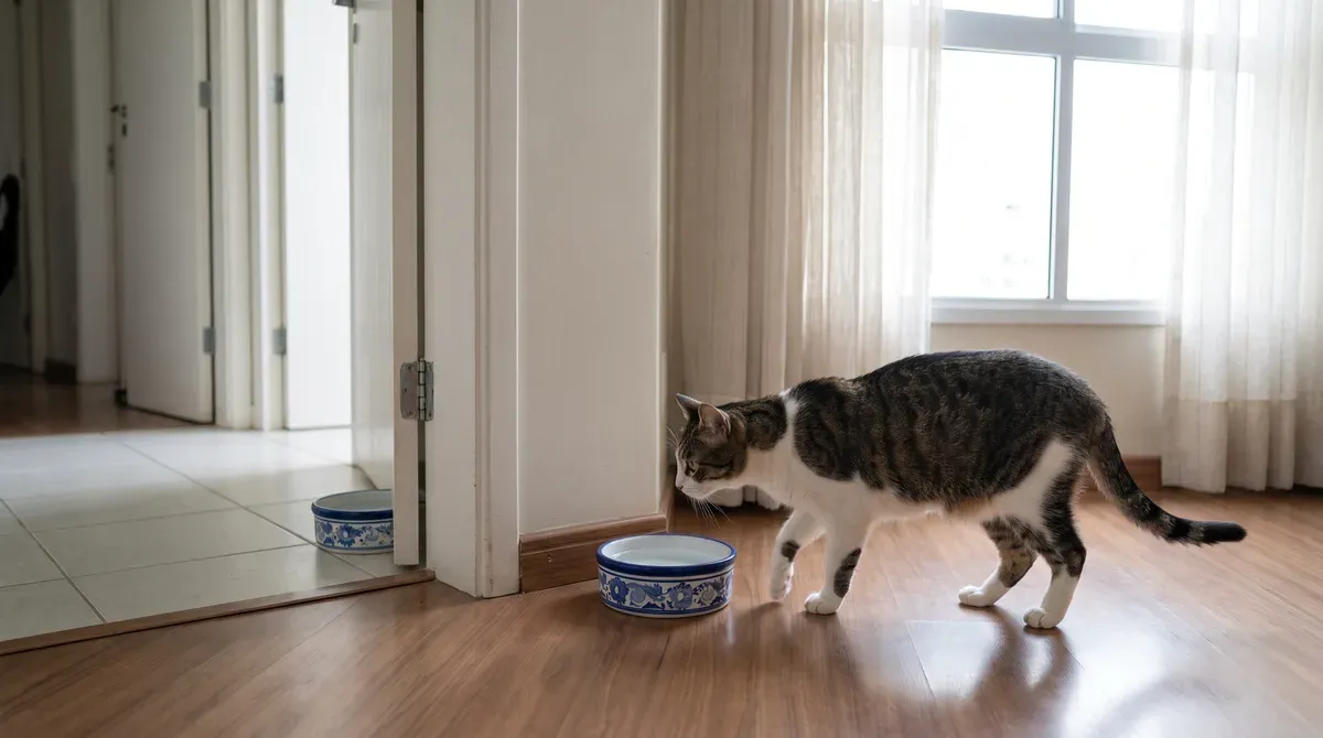 Gato rajado e branco se aproximando de um pote de água no chão da sala, com um segundo pote de água no cômodo ao lado