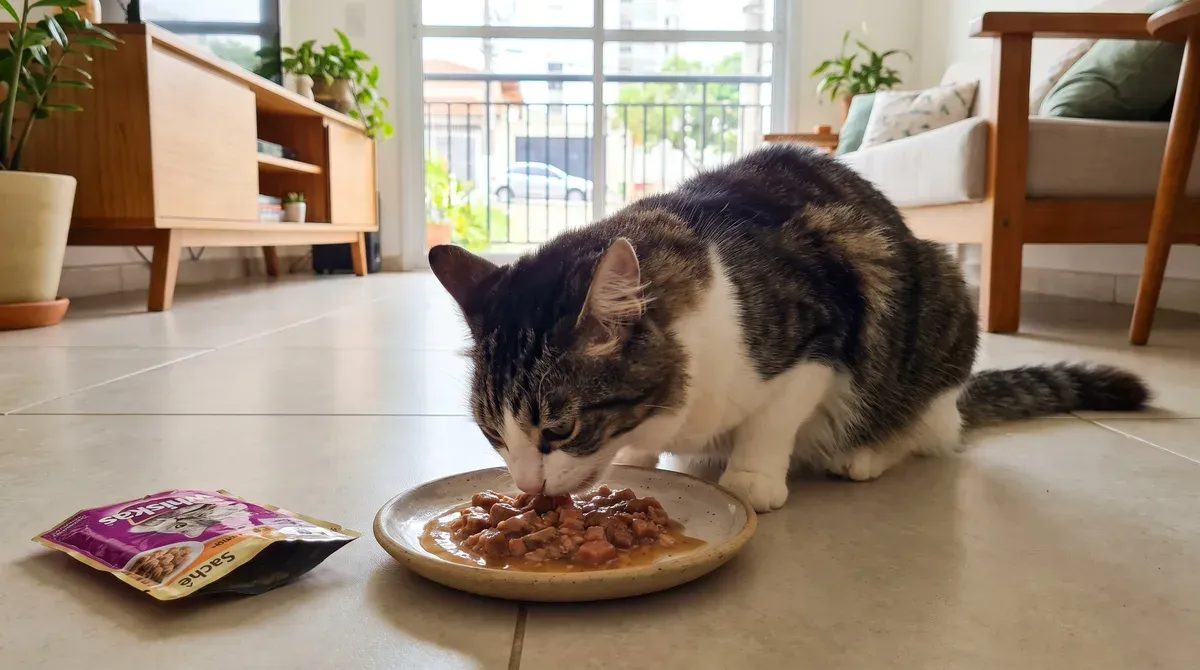 Gato rajado e branco comendo ração úmida em pedaços com molho num prato raso, com o sachê aberto ao lado