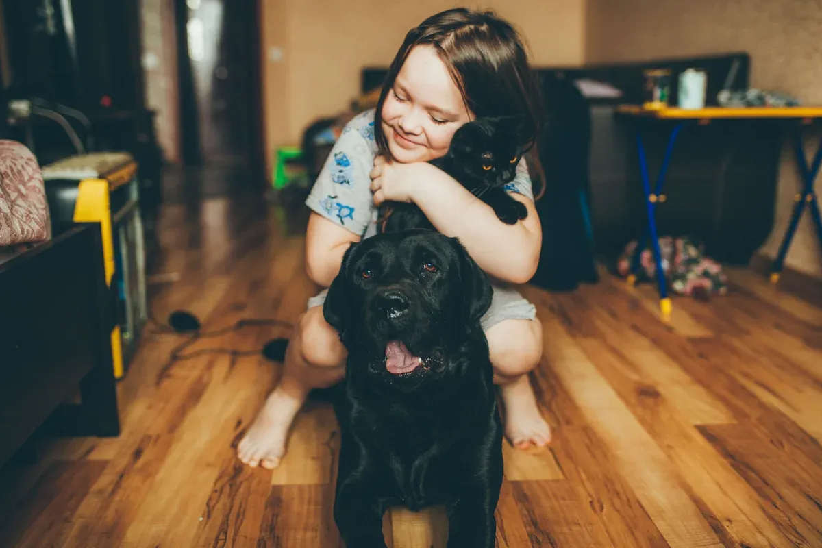 menina sorrindo, sentada atrás de um labrador preto no piso de madeira da sala, com um gato preto abraçado ao peito